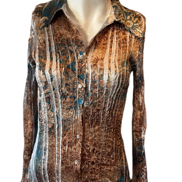 Kamarov Mixed Print Multicolored Pleated Lacey Lace Up Back Detail Blouse Size S - Picture 3 of 13